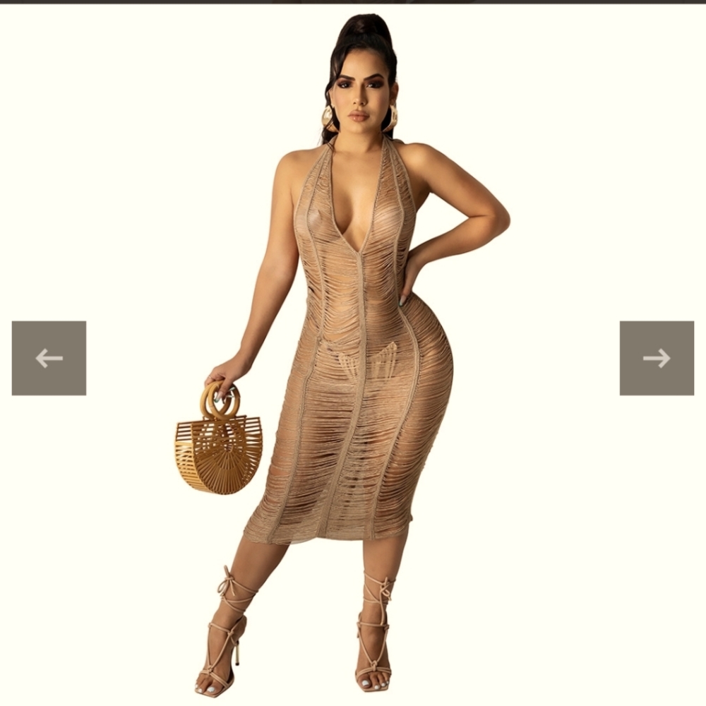 Primi Swim Crochet Halter Coverup Bronze Brown Sz L